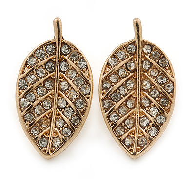 Small Clear Crystal Leaf Stud Earrings In Gold Tone - 20mm L - main view