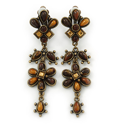 Long Vintage Inspired Brown Acrylic Bead Floral Drop Clip On Earrings In Antique Gold Tone - 85mm L - main view