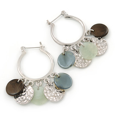 Silver Tone Medium Hoop Earrings With Coin Charms - 40mm L - main view