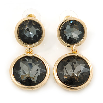Grey Crystal Double Button Drop Earrings In Gold Tone - 45mm L - main view