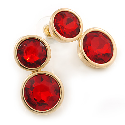 Double Red Glass Stone Stud Earring In Gold Tone - 27mm L - main view