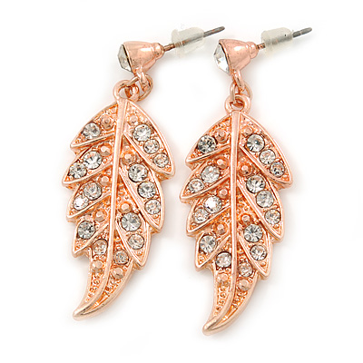 Delicate Clear Austrian Crystal Leaf Drop Earrings In Rose Gold Tone - 40mm L - main view