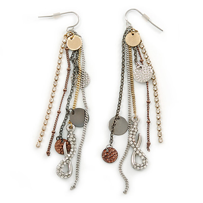 Gold/ Silver/ Bronze Tone Chain Crystal, Coin, Snake Dangle Earrings - 10cm L - main view