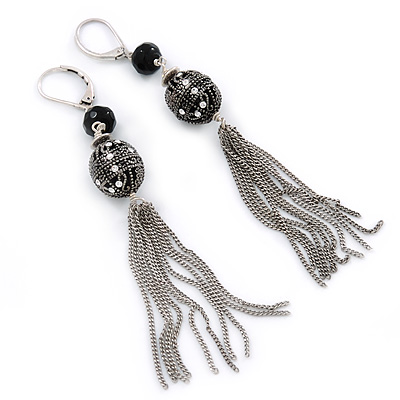 Vintage Inspired Crystal, Filigree, Tassel Drop Earrings With Leverback Closure In Burnt Silver Tone - 90mm L - main view