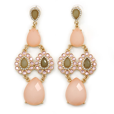 Pale Pink/ Light Olive Acrylic Bead, Austrian Crystal Chandelier Earrings In Gold Tone - 90mm L - main view