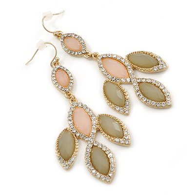 Pale Pink/ Olive Glass Stone, Crystal Leaf Drop Earrings In Gold Tone - 70mm L - main view