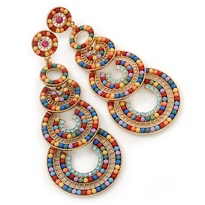 Multicoloured Acrylic Bead, Crystal Graduated Circle Chandelier Earrings - 10cm L