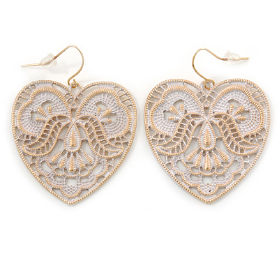White Lacy Heart Drop Earrings In Gold Tone - 50mm L - main view