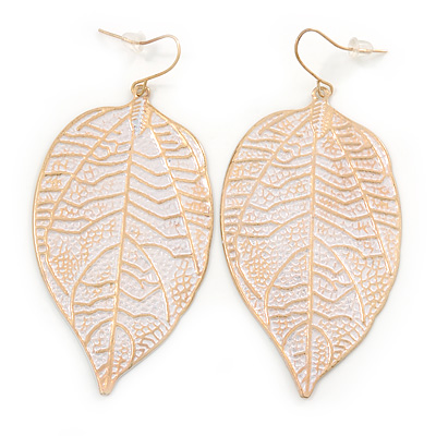 White Enamel Etched Leaf Drop Earrings In Gold Tone - 75mm L