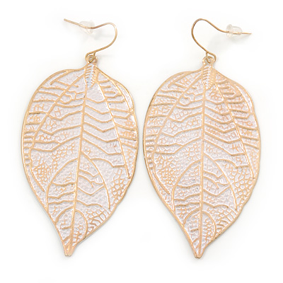 White Enamel Etched Leaf Drop Earrings In Gold Tone - 75mm L - main view