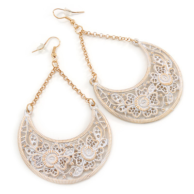 White Lacy Crescent Chandelier Earrings In Gold Tone - 85mm L - main view