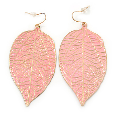Baby Pink Enamel Etched Leaf Drop Earrings In Gold Tone - 75mm L