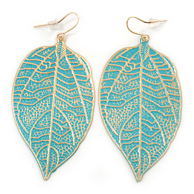 Light Teal Enamel Etched Leaf Drop Earrings In Gold Tone - 75mm L - main view