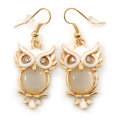 Gold Tone White Enamel, Cat's Eye Stone Owl Drop Earrings - 45mm L - main view