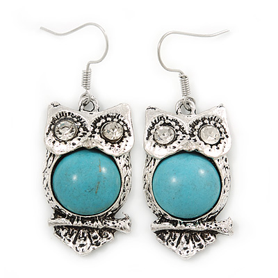 Vintage Inspired Turquoise Owl Drop Earrings In Silver Tone - 45mm L