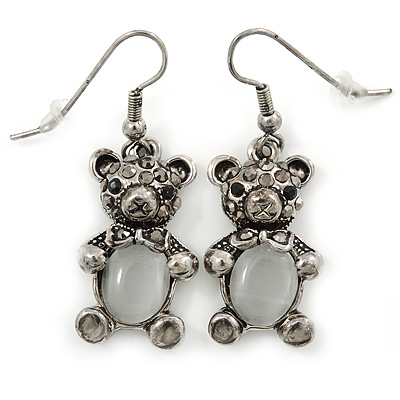 Marcasite Hematite Crystal Bear Drop Earrings In Antique Silver Tone - 40mm L