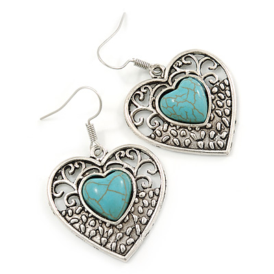 Vintage Inspired Turquoise Stone Filigree Heart Drop Earrings In Antique Silver Tone - 45mm L - main view