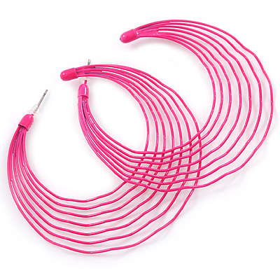 Neon Pink Multi Layered Hoop Earrings - 60mm Diameter - main view
