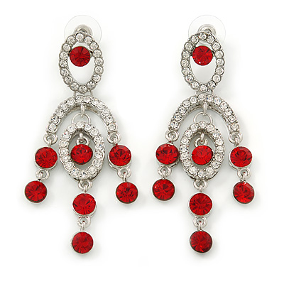 Stunning Bright Red/ Clear Austrian Crystal Chandelier Earrings In Rhodium Plating - 70mm L - main view