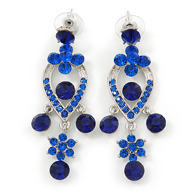 Sapphire Blue Austrian Crystal Chandelier Earrings In Rhodium Plating - 60mm L