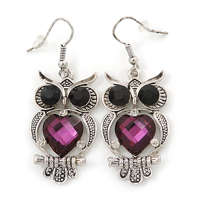 Black/ Purple Crystal Owl Drop Earrings In Silver Tone - 50mm L - main view