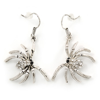 Silver Tone Crystal Spider Drop Earrings - 40mm L - main view