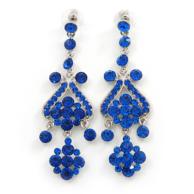 Long Sapphire Blue Austrian Crystal Chandelier Earrings In Rhodium Plating - 90mm L - main view