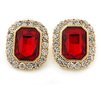 Gold Tone Clear, Red Crystal Square Stud Earrings - 23mm L - main view