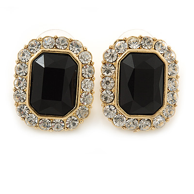 Gold Tone Clear, Black Crystal Square Stud Earrings - 23mm L - main view