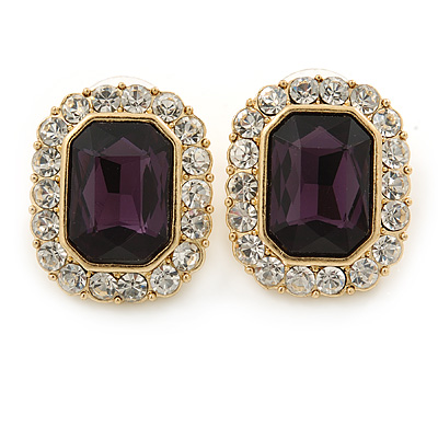Gold Tone Clear, Deep Purple Crystal Square Stud Earrings - 23mm L - main view