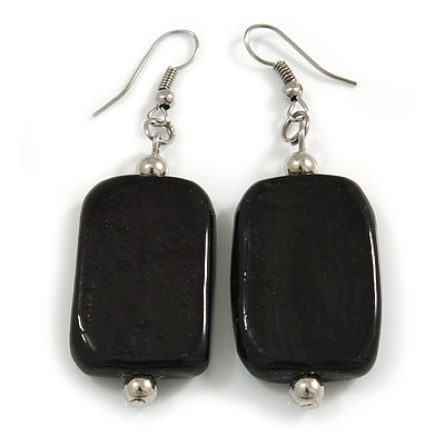 Black Glass Square Drop Earrings In Silver Tone - 60mm L - main view