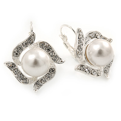 Clear Simulated Pearl Floral Drop Earrings With Leverback Closure In Silver Tone - 25mm L - main view