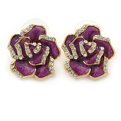 Purple Enamel Crystal Rose Stud Earrings In Gold Tone - 20mm Diameter