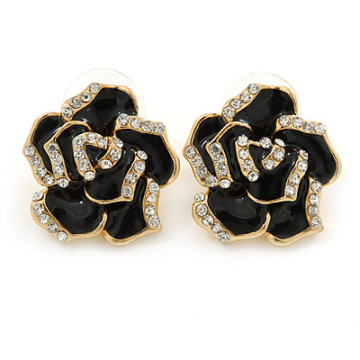 Black Enamel Crystal Rose Stud Earrings In Gold Tone - 20mm Diameter - main view