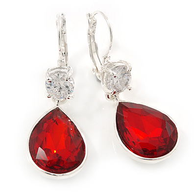 Red/ Clear CZ, Glass Teardrop Earrings With Leverback Closure In Silver Tone - 45mm L - main view