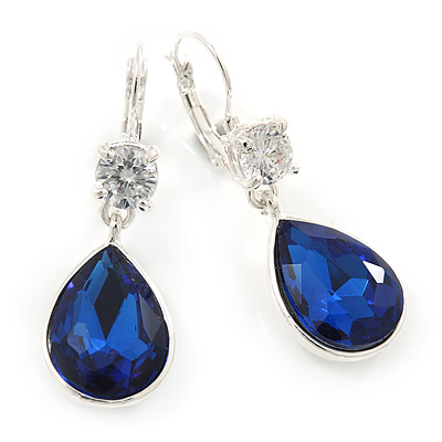 Navy Blue/ Clear CZ, Glass Teardrop Earrings With Leverback Closure In Silver Tone - 45mm L - main view
