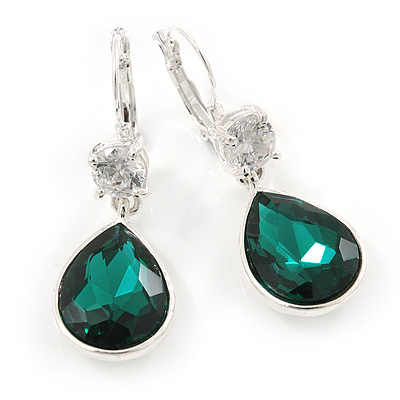 Emerald Green/ Clear CZ, Glass Teardrop Earrings With Leverback Closure In Silver Tone - 45mm L - main view