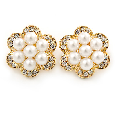 Crystal, Faux Pearl Flower Stud Clip On Earrings In Gold Plating - 25mm D - main view