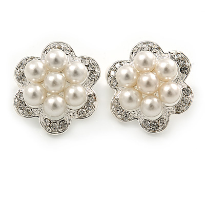 Crystal, Faux Pearl Flower Stud Clip On Earrings In Rhodium Plating - 25mm D - main view