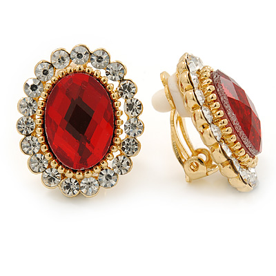 Red/ Clear Crystal Oval Stud Clip On Earrings In Gold Plating - 23mm L