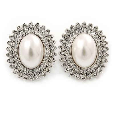 Large Crystal, Pearl Oval Shape Clip On Stud Earrings In Rhodium Plating - 30mm L - main view