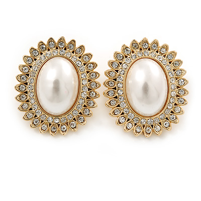 Large Crystal, Pearl Oval Shape Clip On Stud Earrings In Gold Plating - 30mm L - main view
