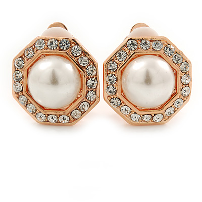 Prom/ Bridal Crystal, Faux Pearl Octagonal Stud Clip On Earrings In Rose Gold Finish - 17mm L - main view