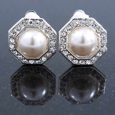 Prom/ Bridal Crystal, Faux Pearl Octagonal Stud Clip On Earrings In Silver Tone - 17mm L