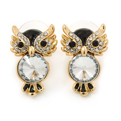 Crystal, Black Enamel Owl Stud Earrings In Gold Plating - 20mm L - main view