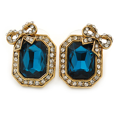 Vintage Inspired Square Shape with Bow Stud Earrings In Antique Gold Metal (Teal/ Clear) - 20mm L - main view