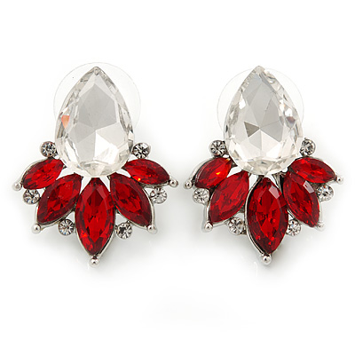 Clear/ Red CZ, Crystal Leaf Stud Earrings In Rhodium Plating - 26mm L - main view