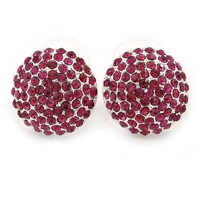 Button Shape Fuchsia Crystal Stud Earrings In Rhodium Plating - 20mm D - main view