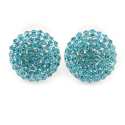 Button Shape Light Blue Crystal Stud Earrings In Rhodium Plating - 20mm D - main view