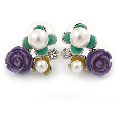 Purple, Teal Yellow, Glass Pearl Floral Stud Earrings In Rhodium Plating - 20mm L - main view